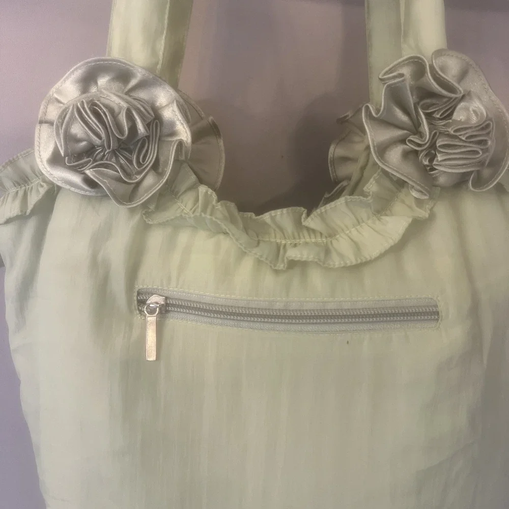 Women's Shoulder Bags Green Shiny Textile Floral Embellishment Ruffles New